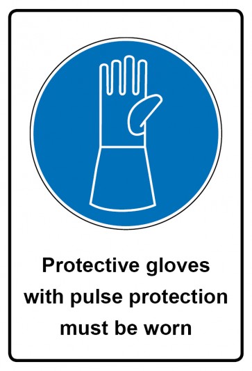 Schild Gebotzeichen Piktogramm & Text englisch · Protective gloves with pulse protection must be worn | selbstklebend (Gebotsschild)