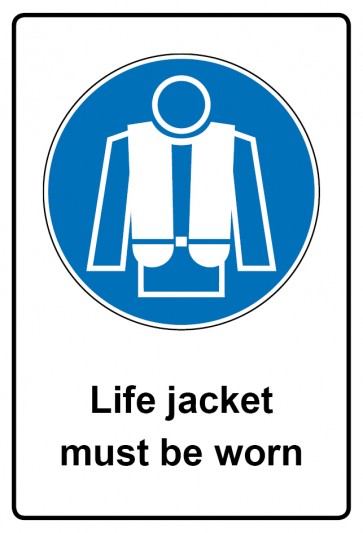 Aufkleber Gebotszeichen Piktogramm & Text englisch · Life jacket must be worn | stark haftend (Gebotsaufkleber)
