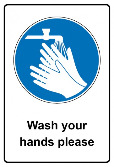Aufkleber Gebotszeichen Piktogramm & Text englisch · Wash your hands please | stark haftend (Gebotsaufkleber)