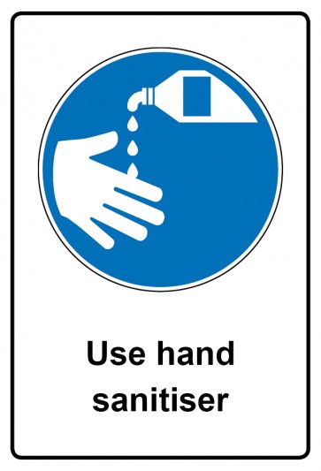 Schild Gebotzeichen Piktogramm & Text englisch · Use hand sanitiser | selbstklebend