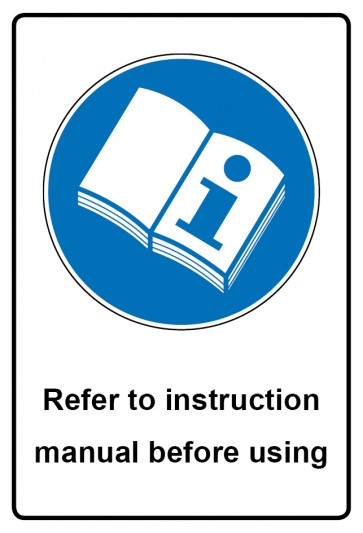 Aufkleber Gebotszeichen Piktogramm & Text englisch · Refer to instruction manual before using (Gebotsaufkleber)