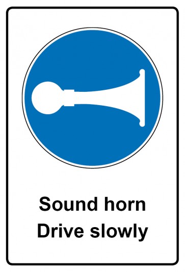 Aufkleber Gebotszeichen Piktogramm & Text englisch · Sound horn drive slowly (Gebotsaufkleber)