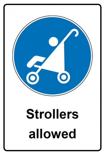 Aufkleber Gebotszeichen Piktogramm & Text englisch · Strollers allowed (Gebotsaufkleber)