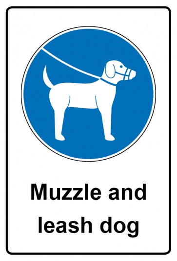 Schild Gebotszeichen Piktogramm & Text englisch · Muzzle and leash dog (Gebotsschild)