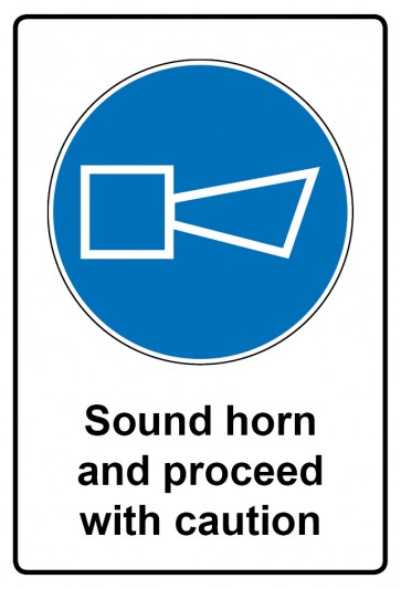 Aufkleber Gebotszeichen Piktogramm & Text englisch · Sound horn and proceed with caution (Gebotsaufkleber)