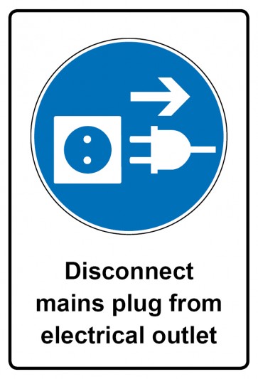 Schild Gebotzeichen Piktogramm & Text englisch · Disconnect mains plug from electrical outlet | selbstklebend (Gebotsschild)