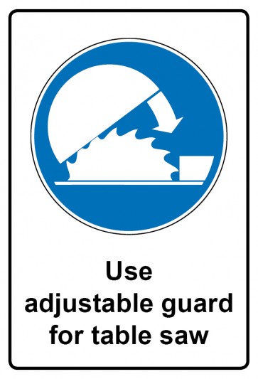 Schild Gebotszeichen Piktogramm & Text englisch · Use adjustable guard for table saw (Gebotsschild)