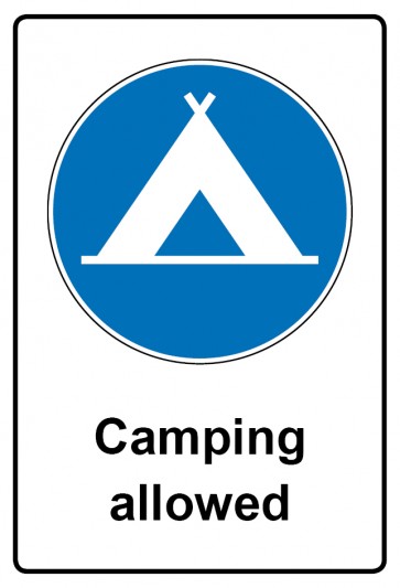 Aufkleber Gebotszeichen Piktogramm & Text englisch · Camping allowed (Gebotsaufkleber)