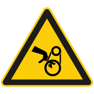Warnschild Warnung vor Handverletzung durch Riemenantrieb · selbstklebend