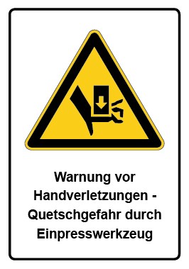 Schild Warnzeichen Piktogramm & Text deutsch · Warnung vor Handverletzungen - Quetschgefahr durch Einpresswerkzeug | selbstklebend