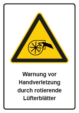 Schild Warnzeichen Piktogramm & Text deutsch · Warnung vor Handverletzung durch rotierende Lüfterblätter