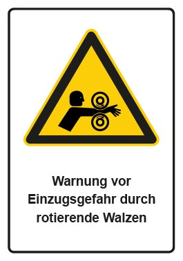 Schild Warnzeichen Piktogramm & Text deutsch · Warnung vor Einzugsgefahr durch rotierende Walzen | selbstklebend