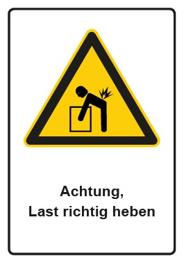 Schild Warnzeichen Piktogramm & Text deutsch · Hinweiszeichen Achtung, Last richtig heben
