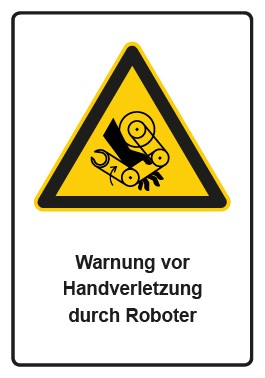 Schild Warnzeichen Piktogramm & Text deutsch · Warnung vor Handverletzung durch Roboter | selbstklebend