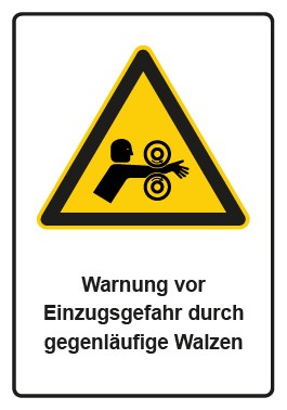 Schild Warnzeichen Piktogramm & Text deutsch · Warnung vor Einzugsgefahr durch gegenläufige Walzen | selbstklebend