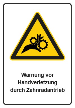 Aufkleber Warnzeichen Piktogramm & Text deutsch · Warnung vor Handverletzung durch Zahnradantrieb