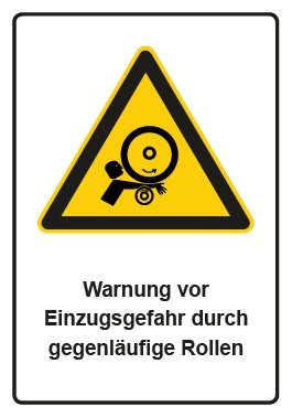 Schild Warnzeichen Piktogramm & Text deutsch · Warnung vor Einzugsgefahr durch gegenläufige Rollen
