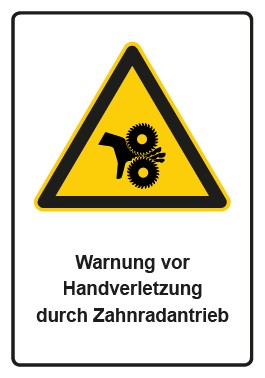 Aufkleber Warnzeichen Piktogramm & Text deutsch · Warnung vor Handverletzung durch Zahnradantrieb | stark haftend