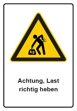 Schild Warnzeichen Piktogramm & Text deutsch · Hinweiszeichen Achtung, Last richtig heben | selbstklebend