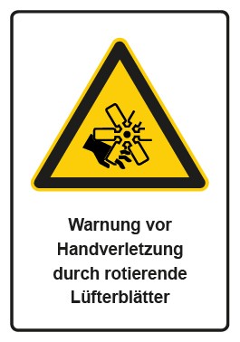 Aufkleber Warnzeichen Piktogramm & Text deutsch · Warnung vor Handverletzung durch rotierende Lüfterblätter