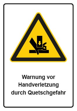 Schild Warnzeichen Piktogramm & Text deutsch · Warnung vor Handverletzung durch Quetschgefahr | selbstklebend