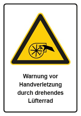 Aufkleber Warnzeichen Piktogramm & Text deutsch · Warnung vor Handverletzung durch drehendes Lüfterrad