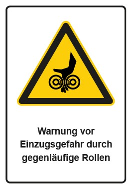 Schild Warnzeichen Piktogramm & Text deutsch · Warnung vor Einzugsgefahr durch gegenläufige Rollen