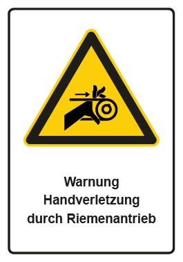 Schild Warnzeichen Piktogramm & Text deutsch · Warnung Handverletzung durch Riemenantrieb