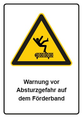 Schild Warnzeichen Piktogramm & Text deutsch · Warnung vor Absturzgefahr auf dem Förderband | selbstklebend