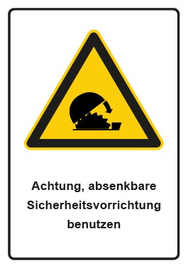 Magnetschild Warnzeichen Piktogramm & Text deutsch · Hinweiszeichen Achtung, absenkbare Sicherheitsvorrichtung benutzen