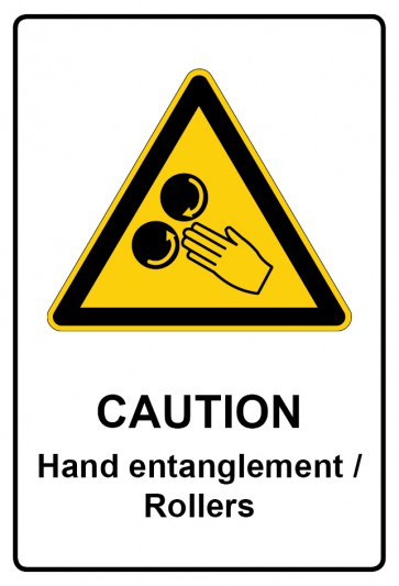 Schild Warnzeichen Piktogramm & Text englisch · Caution · Hand entanglement / Rollers