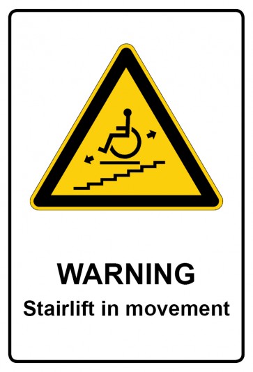 Schild Warnzeichen Piktogramm & Text englisch · Warning · Stairlift in movement | selbstklebend