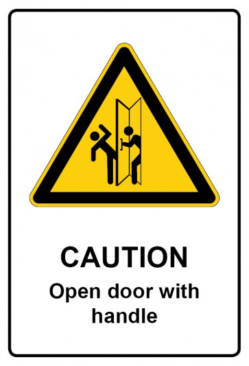 Schild Warnzeichen Piktogramm & Text englisch · Caution · Open door with handle | selbstklebend