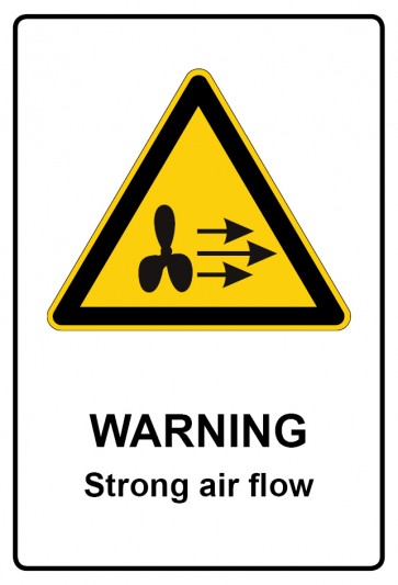 Schild Warnzeichen Piktogramm & Text englisch · Warning · Strong air flow | selbstklebend
