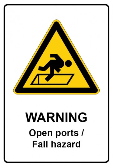 Schild Warnzeichen Piktogramm & Text englisch · Warning · Open ports · Fall hazard | selbstklebend