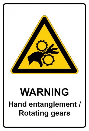 Schild Warnzeichen Piktogramm & Text englisch · Warning · Hand entanglement / Rotating gears