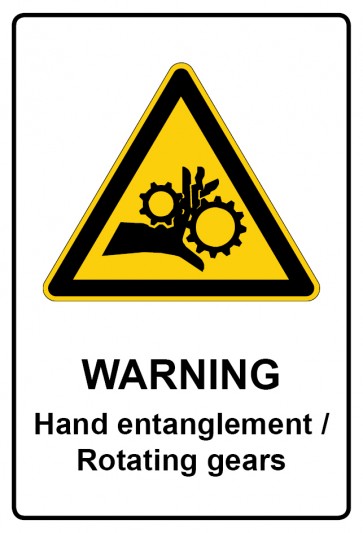 Schild Warnzeichen Piktogramm & Text englisch · Warning · Hand entanglement / Rotating gears