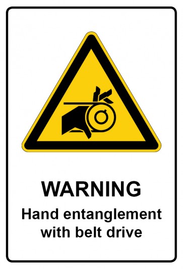 Schild Warnzeichen Piktogramm & Text englisch · Warning · Hand entanglement with belt drive | selbstklebend