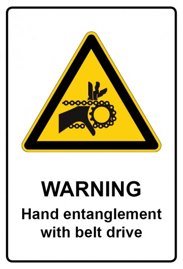 Aufkleber Warnzeichen Piktogramm & Text englisch · Warning · Hand entanglement with belt drive | stark haftend