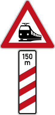 Verkehrzeichen Gefahrzeichen Bahnübergang mit Dreistreifiger Bake, mit Entfernungsangabe · Aufstellung rechts · Zeichen 156-11  · MAGNETSCHILD