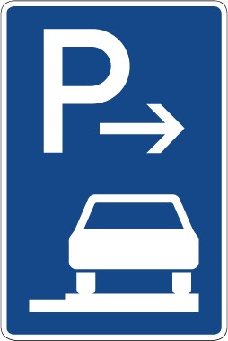Schild Richtzeichen Parken ganz auf Gehwegen in Fahrtrichtung rechts (Ende) · Zeichen 315-67 