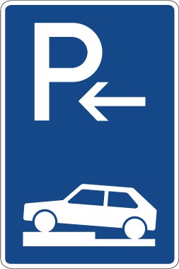 Aufkleber Richtzeichen  Parken halb auf Gehwegen quer zur Fahrtrichtung links (Anfang) · Zeichen 315-71 