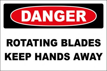 Hinweisschild Rotating Blades Keep Hands Away · Danger | selbstklebend