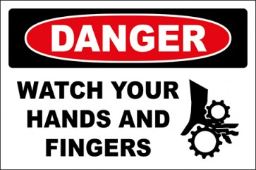Hinweisschild Watch Your Hands And Fingers With Picture · Danger