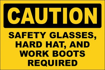 Hinweisschild Safety Glasses, Hard Hat, And Work Boots Required · Caution · OSHA Arbeitsschutz