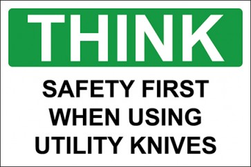 Hinweisschild Safety First When Using Utility Knives · Safety First | selbstklebend