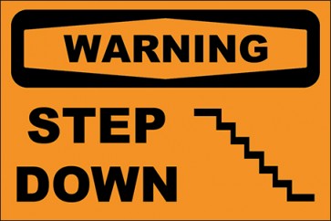 Hinweisschild Step Down · Warning | selbstklebend