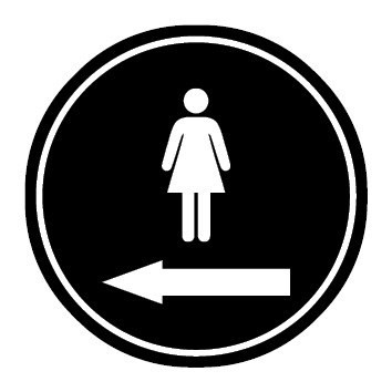 WC Toiletten Schild | Piktogramm Damen Pfeil links | rund · schwarz · selbstklebend