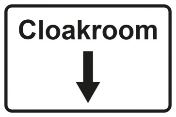 Garderobenschild Cloackroom Pfeil unten · weiss - schwarz · selbstklebend
