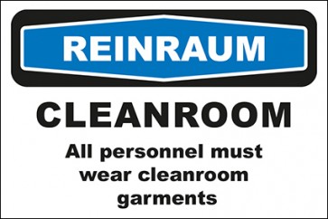 Hinweis-Aufkleber Reinraum Cleanroom All personnel must wear cleanroom garments | stark haftend
